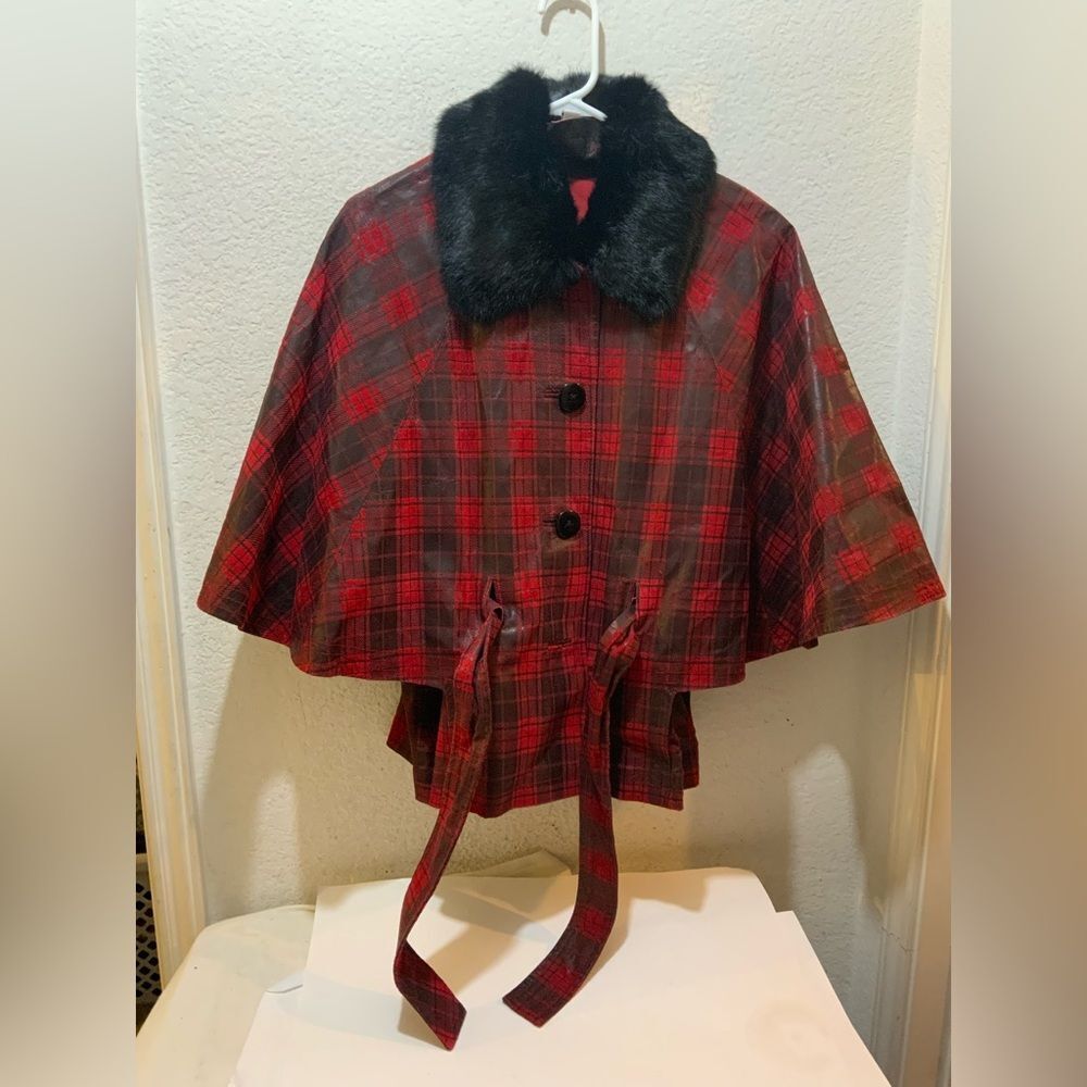 NWOT Mythology Leather Jacket plaid red rabbit fur jacket size S
